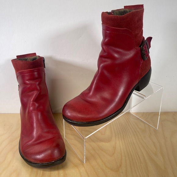 FLY London Red Leather Suede Ankle Boots Buckle Accent Women's Size 38 - Picture 3 of 13